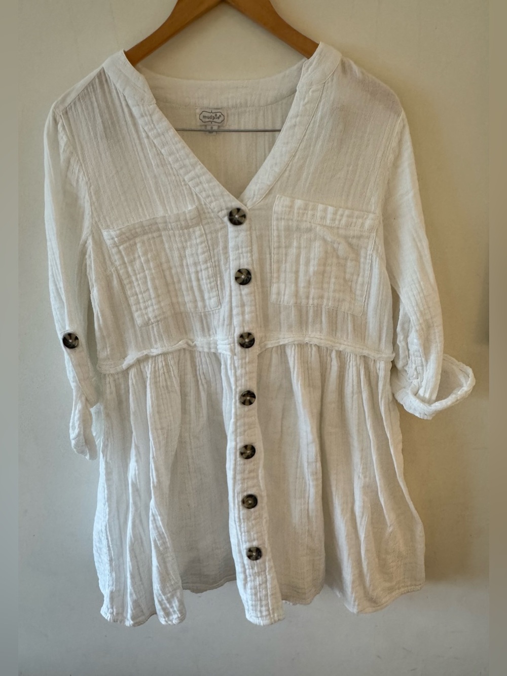Mud Pie White Addison Cotton Gauze Button Down Babydoll Tunic Dress Small